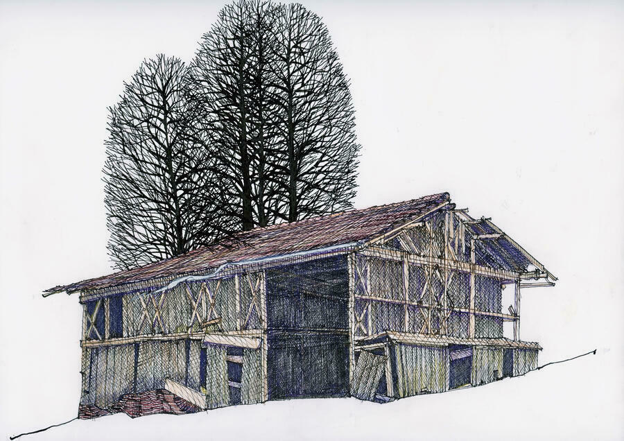 Die Brechhütte aus der Gemeinde Babensham, Lkr. Rosenheim gehört zu den Lieblingszeichnungen der Künstlerin. © Stefania Peter